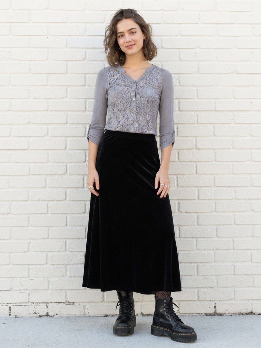 Whimsigoth Floral Lace Overlay Henley Blouse Grey Petite XS